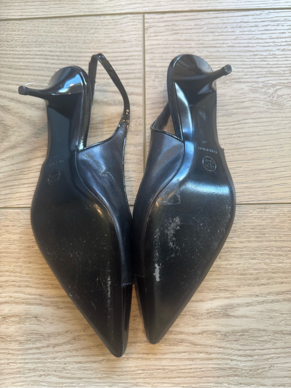 CHANEL Black Leather Pointed Toe Slingback Heels